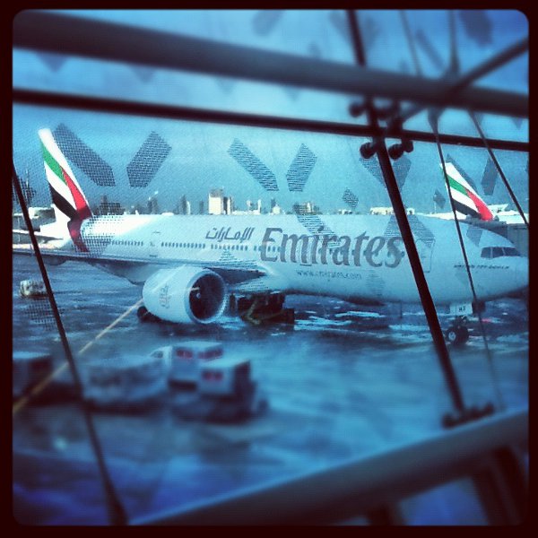 Emirates plane at the airport in Dubai