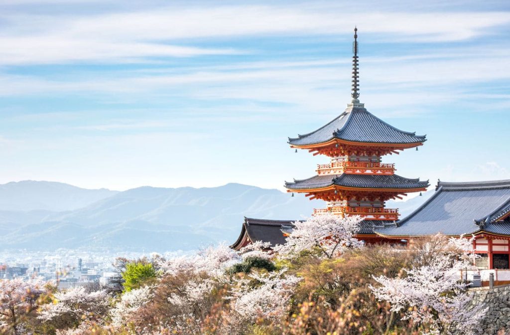 El famoso templo Kiyomizu-dera de Kioto con los cerezos en flor.