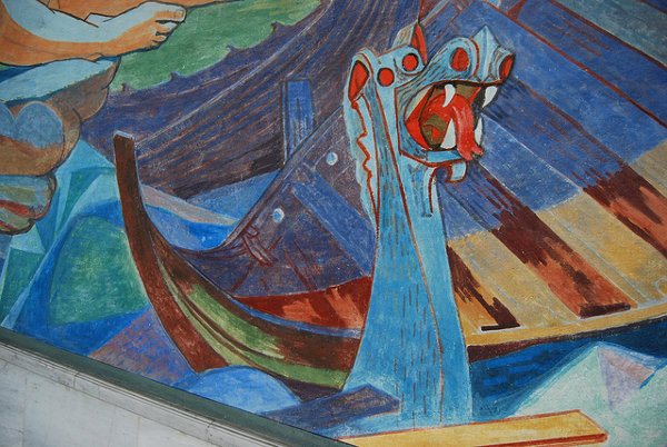 Pintura de un drakkar en el Ayuntamiento de Oslo
